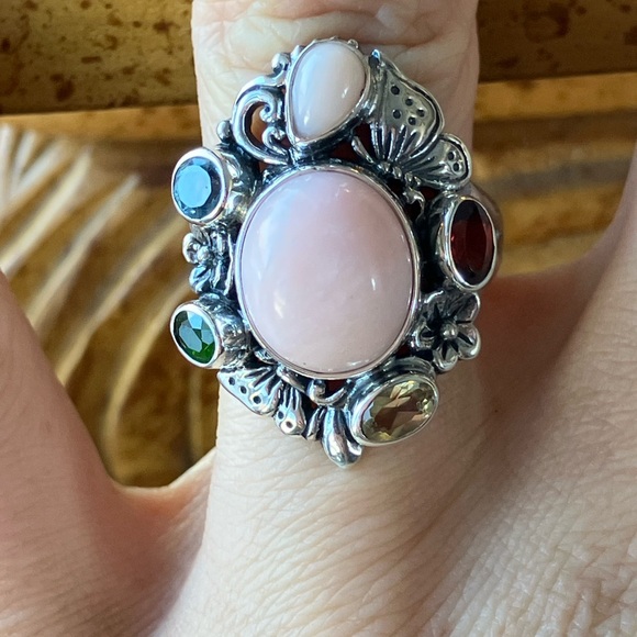 Natural Pink Opal Multi Gemstone Sterling Silver Cocktail Ring Size 7